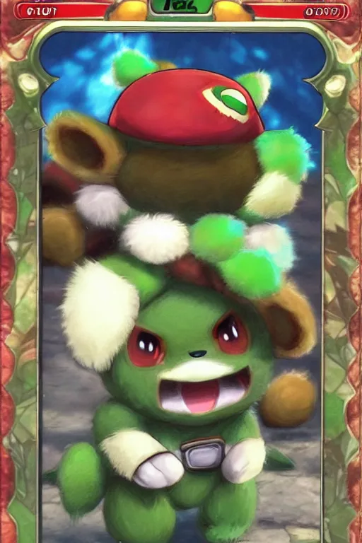 Image similar to teemo, a pokemon trading card of teemo, high detail pokemon trading card scan