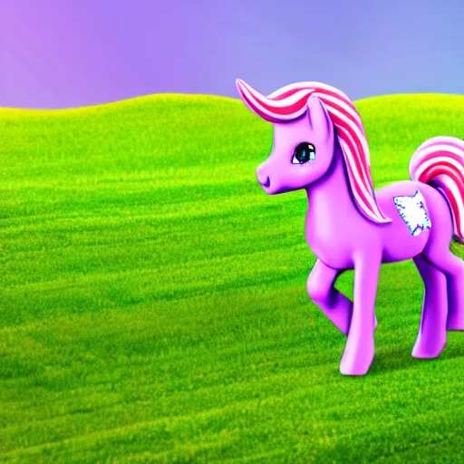 Prompt: purple pony trotting through a cotton candy and candy cane field