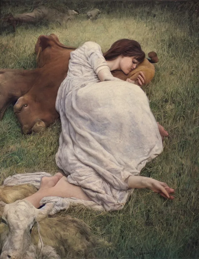 Image similar to peasant girl sleeping with a cow on a farm, cottage core, polaroid photo bleached vintage pastel colors high - key lighting, soft lights, foggy, by steve hanks, by lisa yuskavage, by serov valentin, by tarkovsky, 8 k render, detailed, oil on canvas