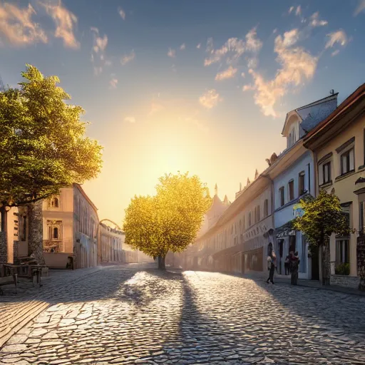 Image similar to a beautiful hyper realistic photo of banska stiavnica in summer, cobblestone pavement, with old houses and few trees in sunset, sky, v - ray, octane render, unreal engine, by greg rutkowski and james gurney, artstation