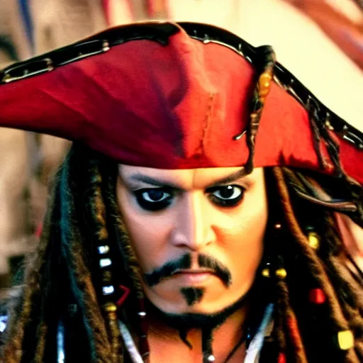 Image similar to Tommy Wiseau as Captain Jack Sparrow, film still from Pirates of the Caribbean, detailed, 4k