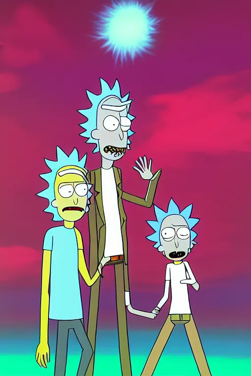 Image similar to portrait concept art painting of alternate reality rick and morty, toon shading, cel shading, smooth, calm, tranquil, vaporwave colors,