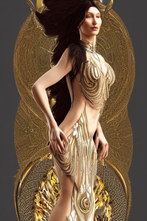 Image similar to a portrait of a beautiful ancient alien woman goddess bella hadid standing in iris van herpen dress in diamonds and fractals in style of alphonse mucha art nuvo dmt trending on artstation made in unreal engine 4