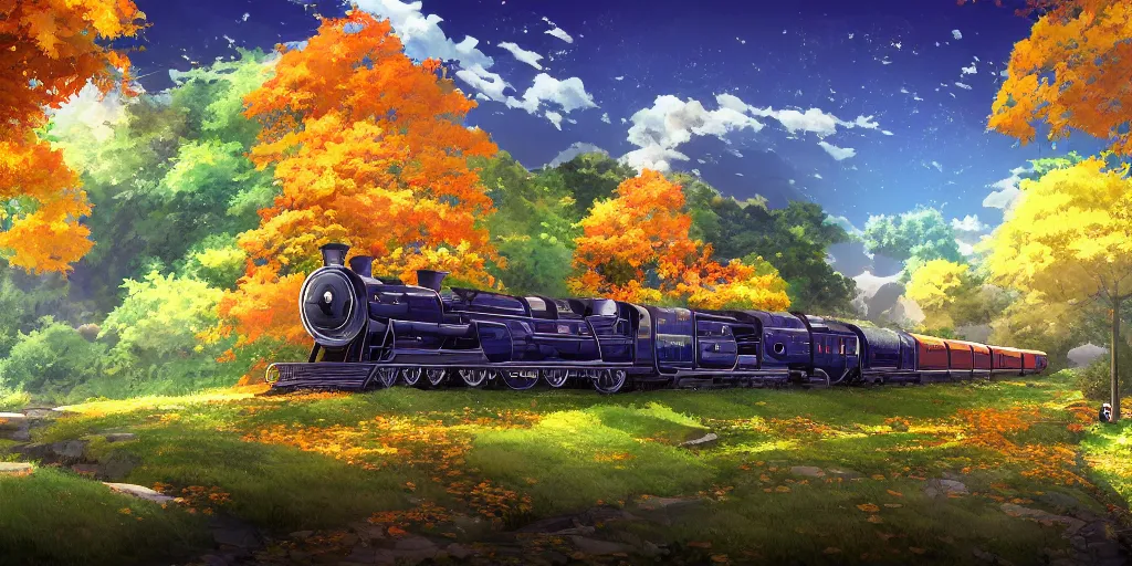 Prompt: A beautiful illustration of beautiful Hogwarts train, autumn, leaves, trees, steam, wide angle, by makoto shinkai, Wu daozi, very detailed, deviantart, 8k, wallpaper, tropical, colorful, airy, anime illustration, anime nature wallpap