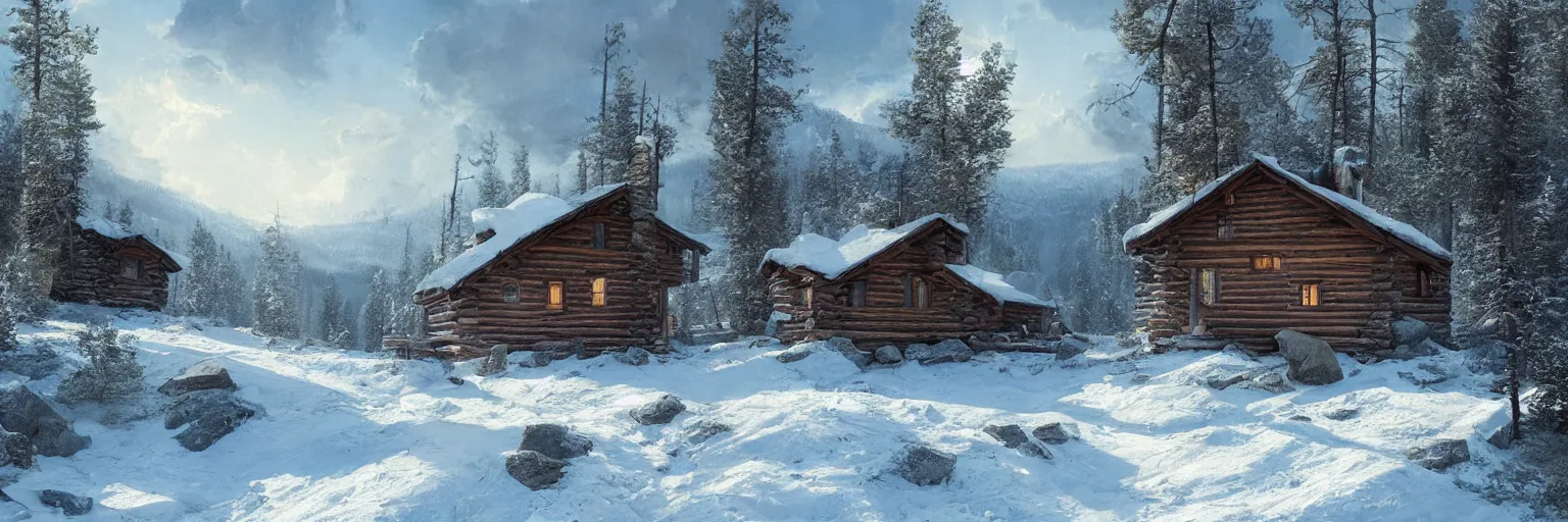 Prompt: a cabin on the side of a mountain in yellowstone, 8k, james gurney, greg rutkowski, john howe, artstation