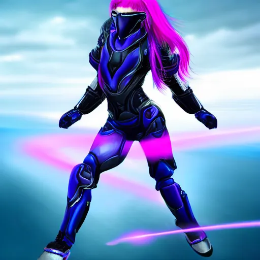 Prompt: a award winning action upper body portrait of a beautiful woman with a ombre purple pink hairstyle with head in motion and hair flying while wearing futuristic navy blue bodyarmor and pauldrons, outrun, vaporware, highly detailed, fine detail, intricate