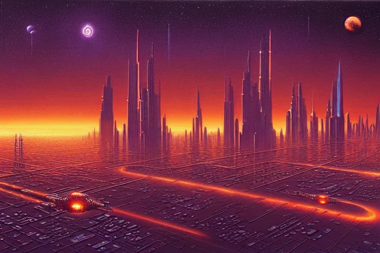 Image similar to a scifi illustration, Night City on Coruscant by david a hardy