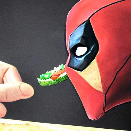 Image similar to deadpool eating a subway sandwhich photorealistic