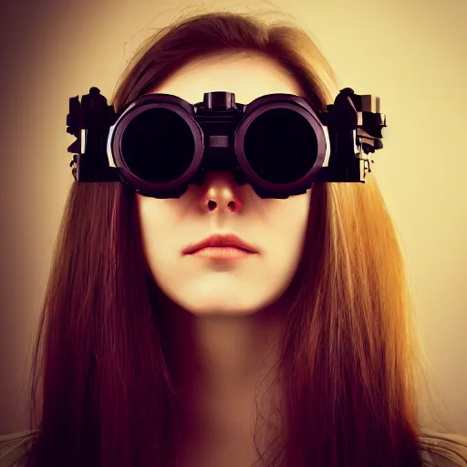 Prompt: portrait photograph of an extremely beautiful!!!! young female, symmetric face!, symmetric round detailed eyes!!, slight smile, natural light, wearing night vision goggles!! looking at the camera!!. super resolution. extremely detailed. graflex camera!, bokeh!!!!! trending on artstation.