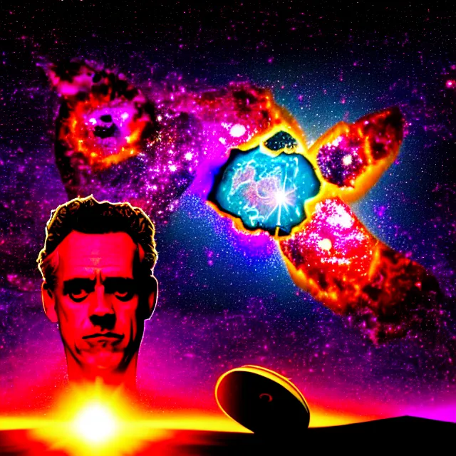 Image similar to jordan peterson, apsychedelic transcendent, james webb telescope, nebula, enlightenment, high contrast lighting, refracted sunset, highly detailed, concept art