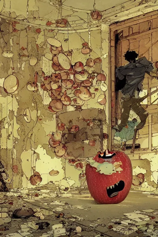 Prompt: A giant apple floating in an abandoned room, anime manga illustration detailed art Geof Darrow and Phil hale and Ilya repin