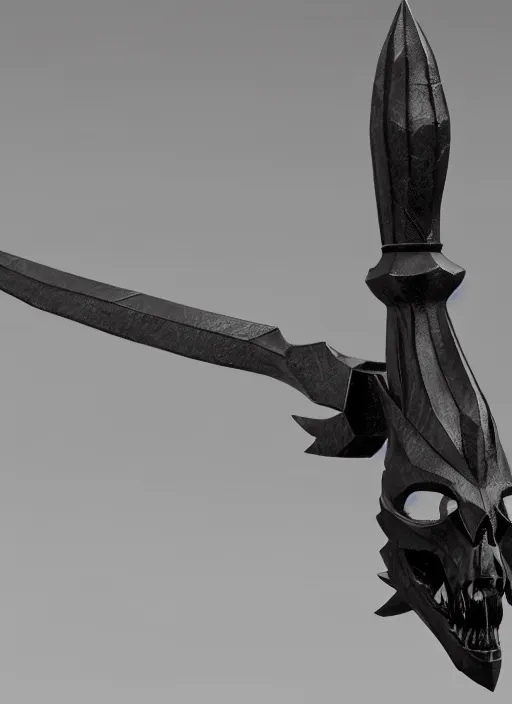 Image similar to a black long sword skull crest, orthographic, ornament, weapon, a 3 d render by dom qwek, front side views full, trending on polycount, artstation, hard surface modeling, rendered in maya, 3 ds max, blender, hd, vray, berserk