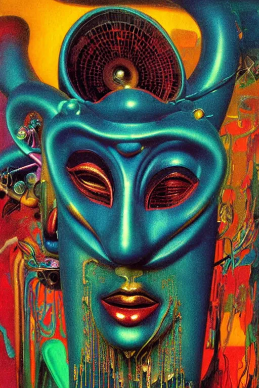 Image similar to 8 0 s art deco close up portait of venetian mask, rain like a dream oil painting curvalinear clothing cinematic dramatic cyberpunk textural fluid lines otherworldly vaporwave interesting details fantasy lut epic composition by basquiat zdzisław beksinski james jean artgerm rutkowski moebius francis bacon gustav klimt