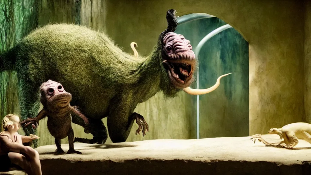 Image similar to a strange creature in a zoo, film still from the movie directed by denis villeneuve and david cronenberg with art direction by salvador dali and dr. seuss