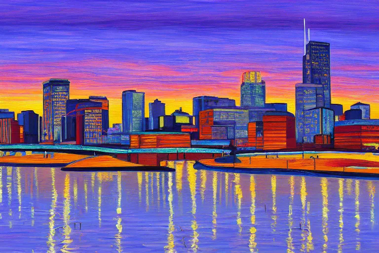 Prompt: winnipeg skyline, sunset, painting by tom thompson, group of seven, 4 k