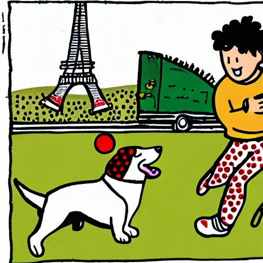 Image similar to illustration of french boy in paris playing football against a corgi, the dog is wearing a polka dot scarf