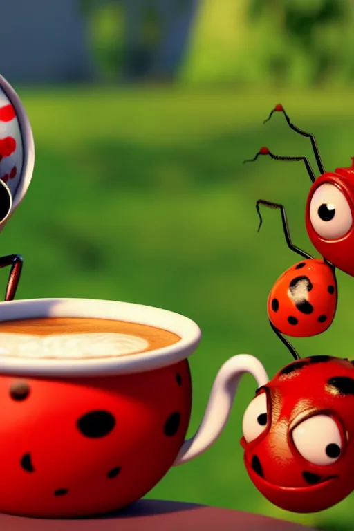 Image similar to a red ladybug with big eyes on side of a cup of coffee and a suggar pot at picnic. pixar disney 4 k 3 d render movie oscar winning trending on artstation and behance. ratatouille style.