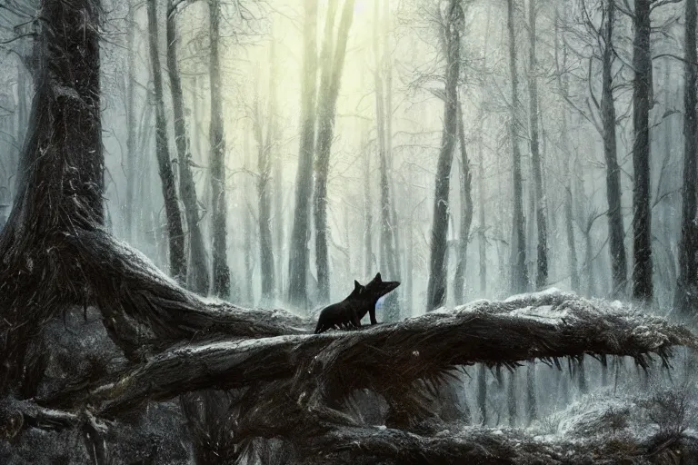 Image similar to a black wolf, standing on top of a fallen tree, winter forest, fantasy, greg rutkowski, cinematic, extremely detailed, dramatic lighting