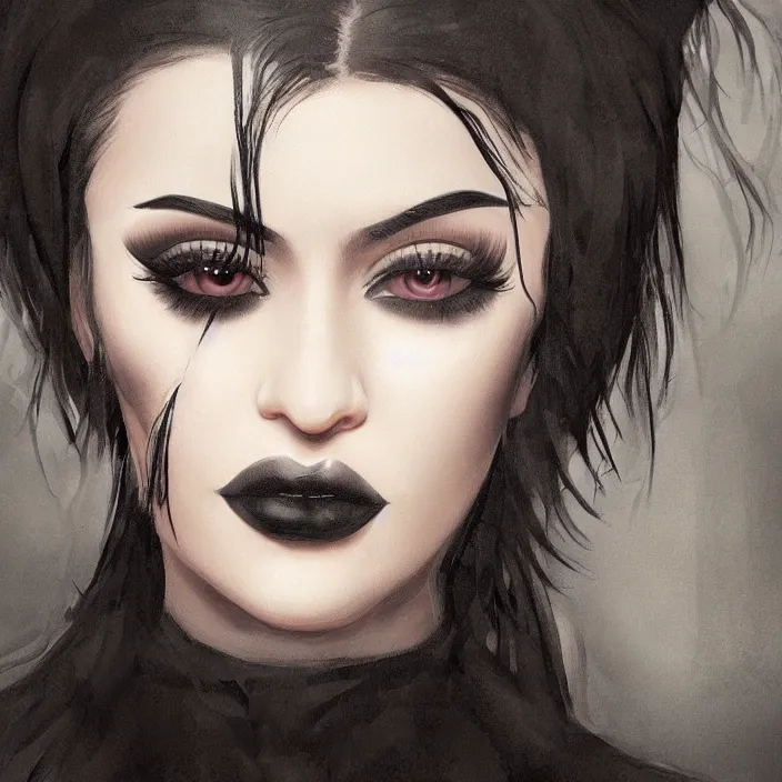 Image similar to gothic kylie jenner, portrait, hyperrealistic, emo, beautiful face, digital art, hd, concept art, by kara walker, by wlop