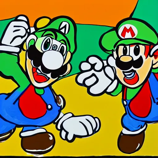 Prompt: a painting of mario and luigi in the style of stanley donwood