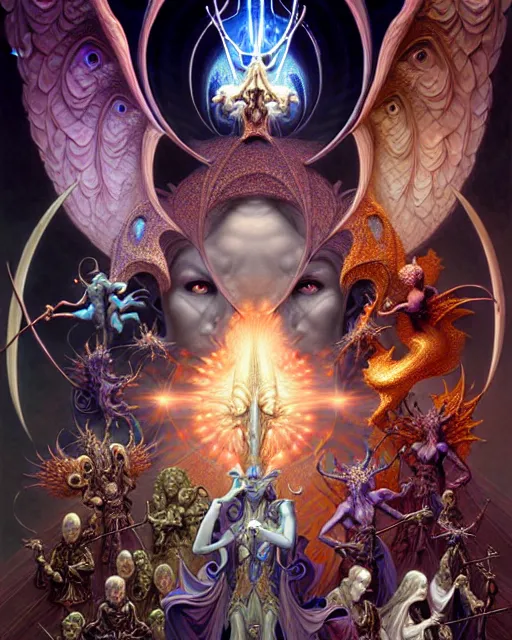 Prompt: a portrait of the council of angels and devils, fantasy character portrait made of fractals facing each other, ultra realistic, wide angle, intricate details, the fifth element artifacts, highly detailed by peter mohrbacher, hajime sorayama, wayne barlowe, boris vallejo, aaron horkey, gaston bussiere, craig mullins