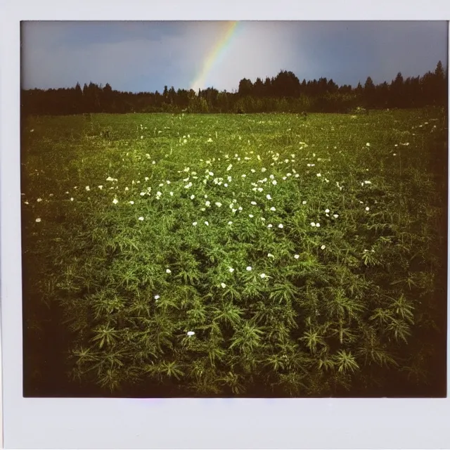 Image similar to very beautiful polaroid photo of a cannabis meadow near a pond on a clear day with a rainbow