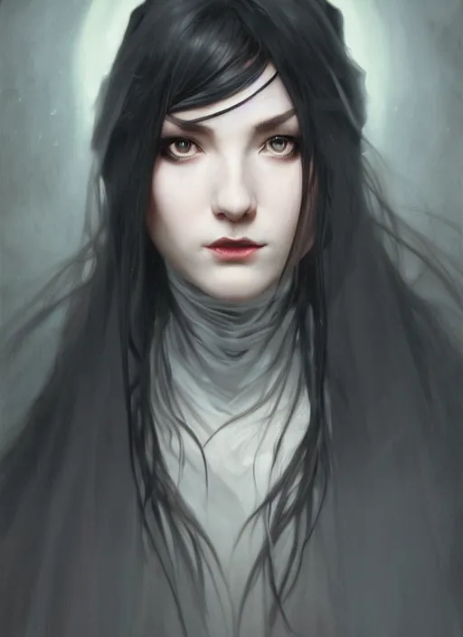 Image similar to long face, sharp features, girl, portrait, devil smile, grey eyes, black hair, dark cloak, dnd, art by artgerm and greg rutkowski and alphonse mucha, trending on artstation, cinematic light, pastel colors, volumetric shading, high radiosity dull skin, global illumination, radiant light, soft light, soft color dodge, subsurface scattering