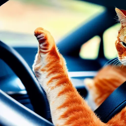 Prompt: an orange tabby cat driving a car, his paws are on the steering wheel