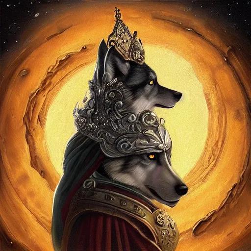 Prompt: “an oil painting portrait of a wolf wearing medieval royal robe and an ornate crown on a dark nebula background” digital Art, concept Art, highly detailed, 3-D 4K, trending on art station, Award winning, Mark Brooks,