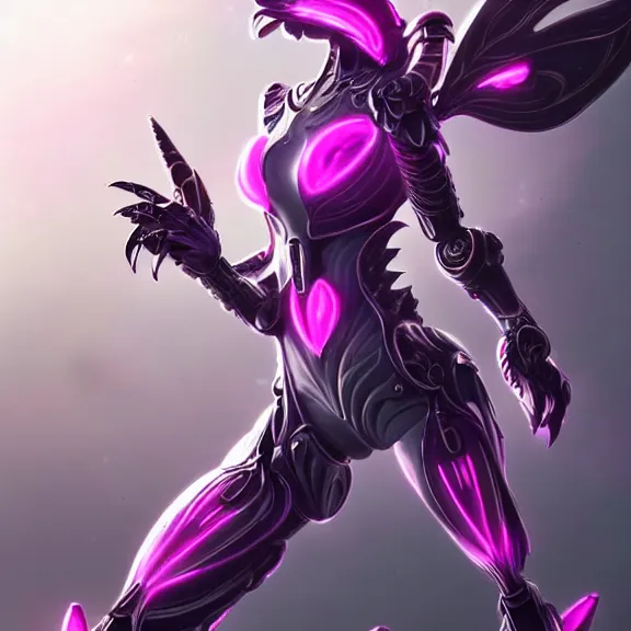 Image similar to highly detailed exquisite fanart, of a beautiful female warframe, but as an anthropomorphic elegant robot female dragoness, glowing eyes shiny, and smooth off-white plated armor, bright Fuchsia skin beneath the armor, sharp claws, robot dragon four fingered hands, and robot dragon feet, standing elegant pose, close-up shot, full body shot, epic cinematic shot, professional digital art, high end digital art, singular, realistic, DeviantArt, artstation, Furaffinity, 8k HD render, epic lighting, depth of field