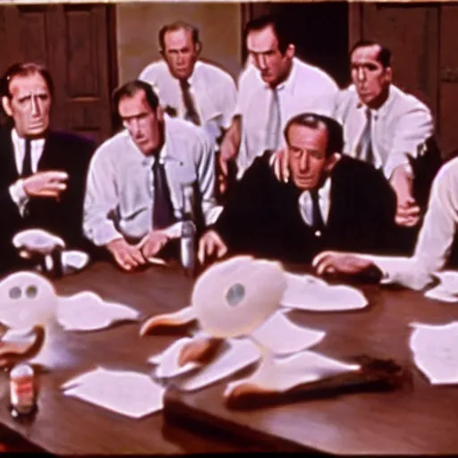 Image similar to film still of 1 2 angry men, played by ducks, highly detailed, 8 k