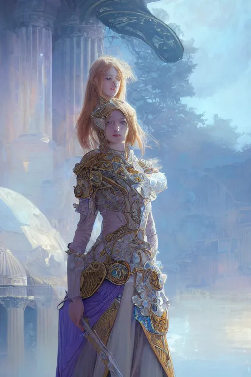 Image similar to portrait young knights of Zodiac girl, rose golden and ice blue reflected armor, in ruined Agora of Athens Sunrise, ssci-fi and fantasy, intricate and very very beautiful and elegant, highly detailed, digital painting, artstation, concept art, smooth and sharp focus, illustration, art by tian zi and WLOP and alphonse mucha