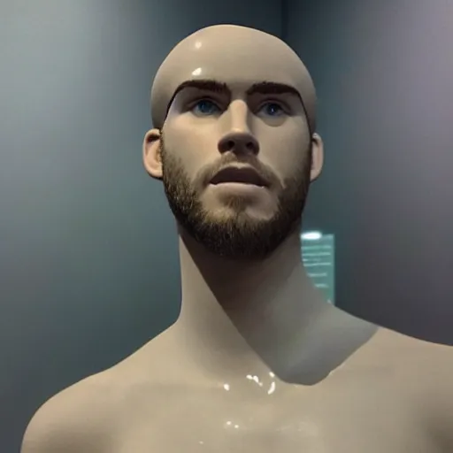 Image similar to “ a realistic detailed photo of a guy who is an attractive humanoid who is half robot and half humanoid, who is a male android, actor liam hemsworth, shiny skin, posing like a statue, blank stare, at the museum, on display ”