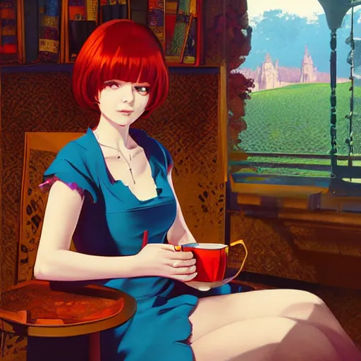 Prompt: Full body portrait of a sorceress sipping tea in her sunlit study, fantasy, digital illustration, exquisitely detailed, Ilya Kuvshinov, Hayao Miyazaki, Kazuma Kaneko