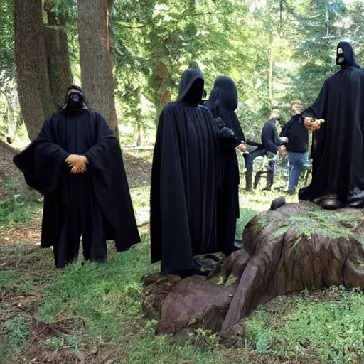 Image similar to black robed group of occultist worshipping a bigfoot statue