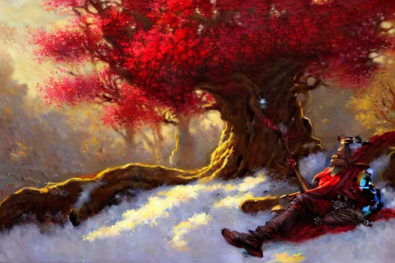 Prompt: a male warrior relaxing under a huge tree with red flowers, god ray, ground covered with snow, extreme long shot, fantasy, painting by gaston bussiere, craig mullins, j. c. leyendecker, trending on artstation