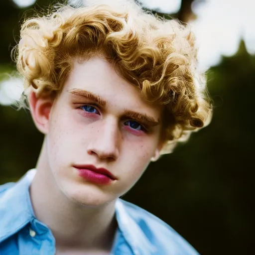 Image similar to close up of 1 8 year old man with wavy / curly light blonde hair, blue eyes, pale complexion, wearing 1 9 5 0 s clothing, 8 5 mm f / 1. 4