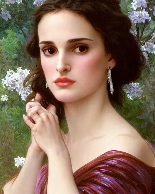 Image similar to realistic oil painting of young 1 8 - year old winona ryder or natalie portman wearing an iridescent wedding dress covered in pearls, highly detailed, intricate,, elegant, digital painting, smooth, sharp focus, illustration, ultra realistic, 8 k, by bouguereau, alphonse mucha, artgerm, and donato giancola