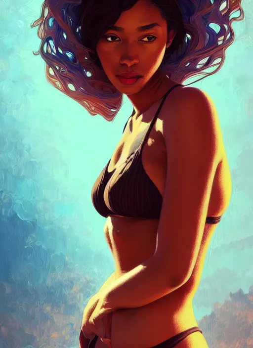 Image similar to handsome young black women with shoulder length brown hair, bikini, half body shot, path traced, highly detailed, high quality, digital painting, alena aenami, lilia alvarado, shinji aramaki, karol bak, alphonse mucha, tom bagshaw