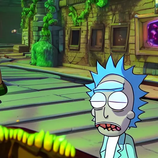 Prompt: a screenshot of a rick and morty third person adventure game developed by capcom + from software, unreal engine 5, high detailed vfx, vibrant