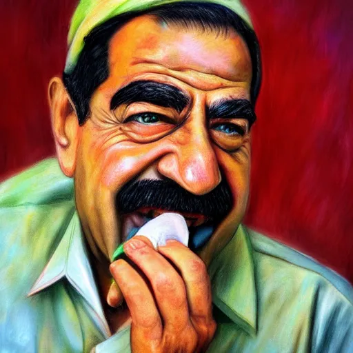 Image similar to saddam hussain eating crayons, realistic, award winning, photography,