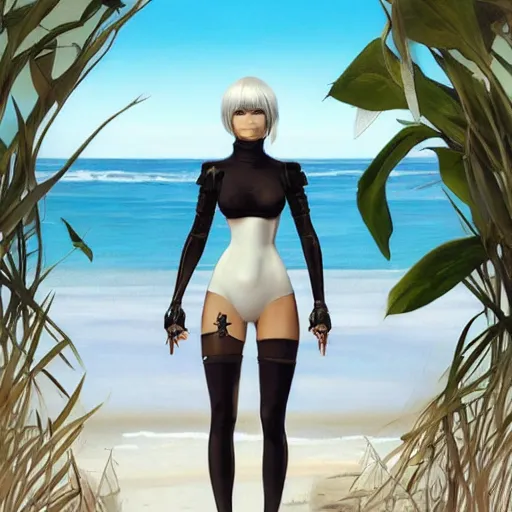 Image similar to full body portrait of 2 b nier automata wearing a skintight dress in a beach, large thighs, perfect face, intricate, elegant, highly detailed, digital painting, artstation, smooth, sharp focus, illustration, art by artgerm and greg rutkowski and alphonse mucha, 8 k