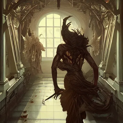 Prompt: a hallway filled with demonic power, realistic, concept art, intricate details, eerie, highly detailed, photorealistic, octane render, 8 k, unreal engine. art by artgerm and greg rutkowski and charlie bowater and magali villeneuve and alphonse mucha