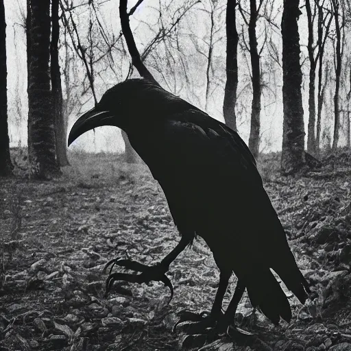 Image similar to werecreature consisting of a crow and a human, werecrow, photograph captured in a dark forest