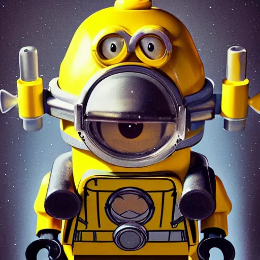 Image similar to lego minion astronaut in the spaceship by goro fujita and greg rutkowski, realism, sharp details, cinematic, highly detailed, digital, 3 d, yellow colors