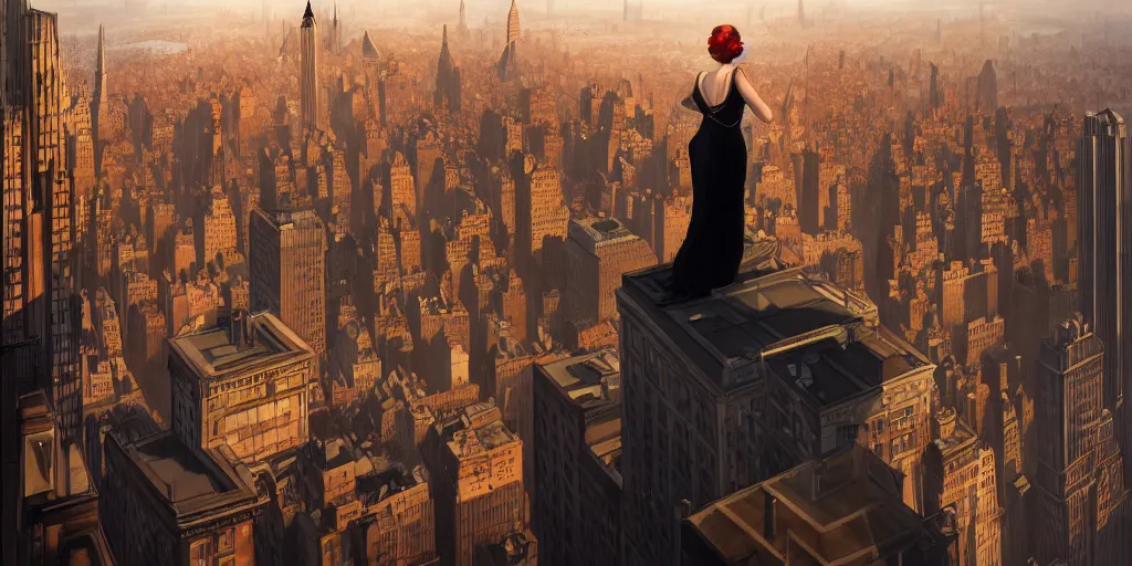 Image similar to a woman standing on a ledge overlooking an axonometric 1920s New York City at dawn, by Rolf Armstrong and Evelyn De Morgan and Bastien Lecouffe-Deharme, dramatic lighting, high contrast colors, baroque, empyrean, panoramic view, as trending on Artstation, highly detailed, cryengine,