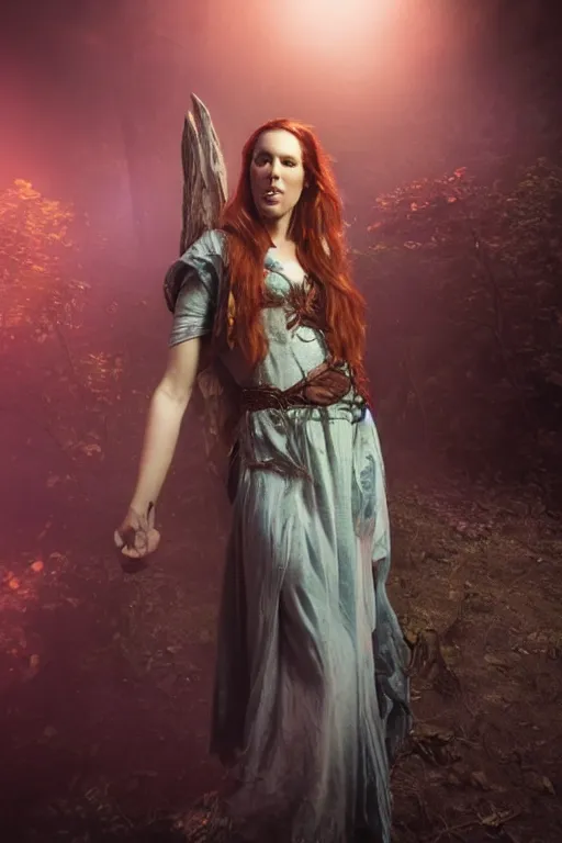 Image similar to Marisha Ray is a half-elven druid, realistic cinematic shot, swirling nature magic, subtle fog and mood lighting