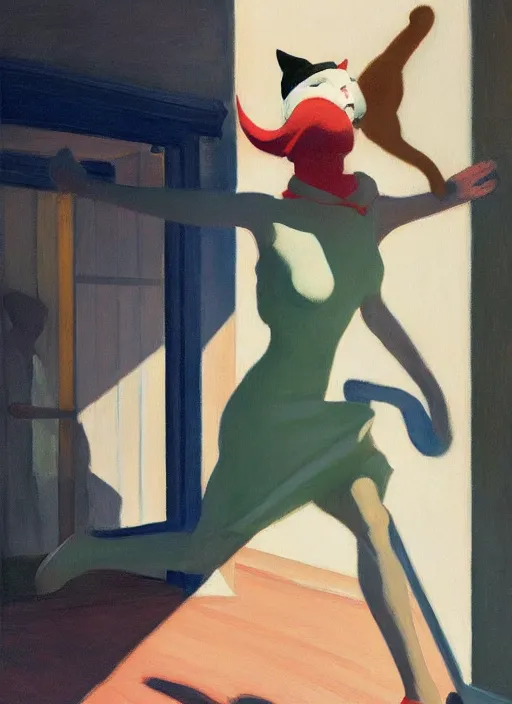 Prompt: woman with cat ears and long vail over the face jumping by Edward Hopper and James Gilleard, highly detailed