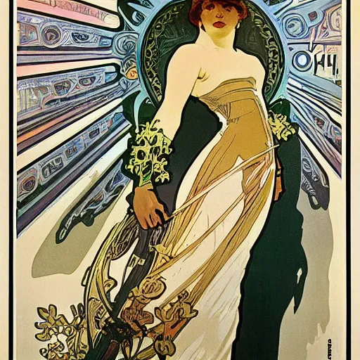 Image similar to Advertising for Tesla car by Alphonse Mucha