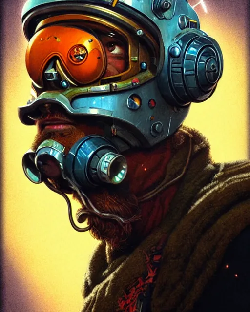 Image similar to torbjorn from overwatch, character portrait, portrait, close up, concept art, intricate details, highly detailed, vintage sci - fi poster, retro future, vintage sci - fi art, in the style of chris foss, rodger dean, moebius, michael whelan, and gustave dore